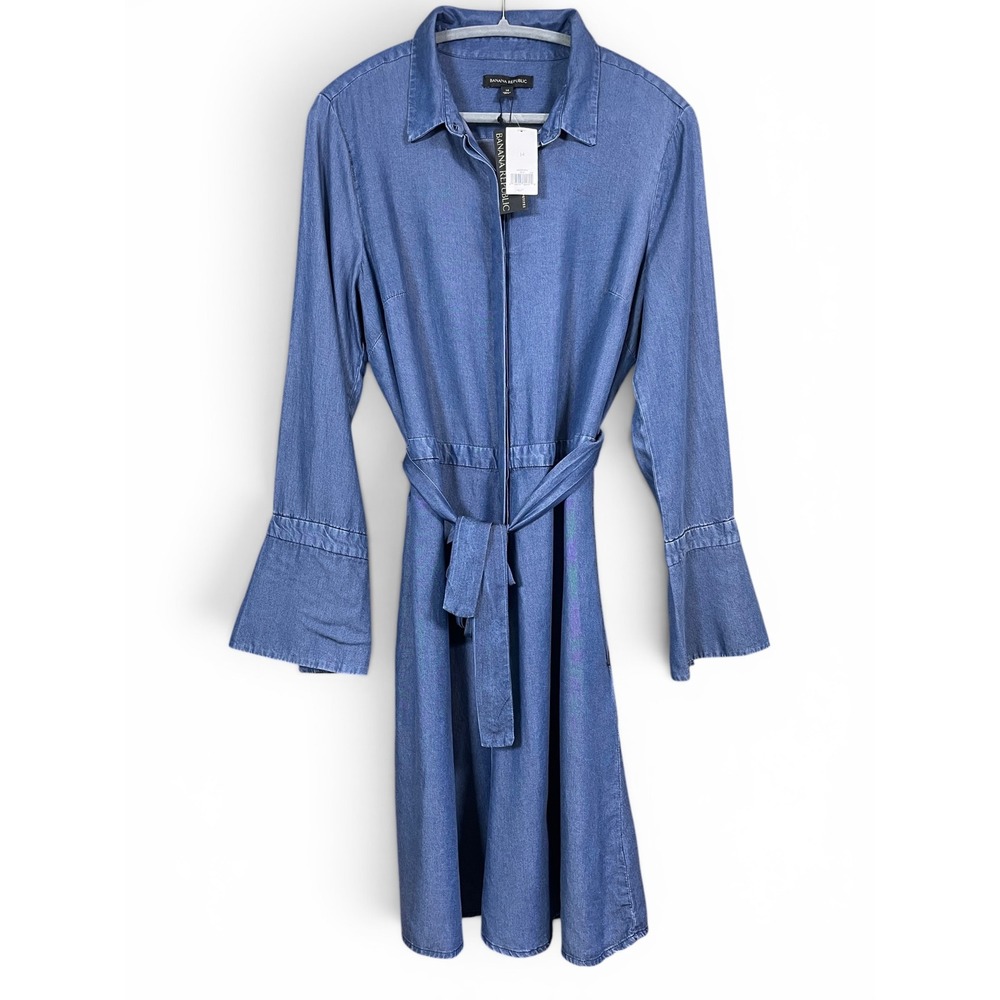 Banana Republic Lyocell Shirt Dress Womens 14 Blue Belted Long Sleeve NWT